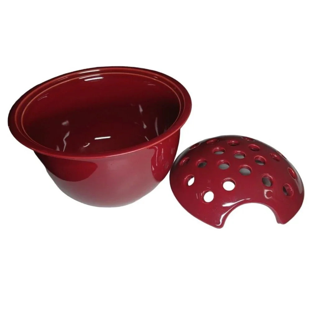 Flower Floral Glazed Ceramic Plant Pot with Frog Lid Burgundy / Maroon Vase Bowl